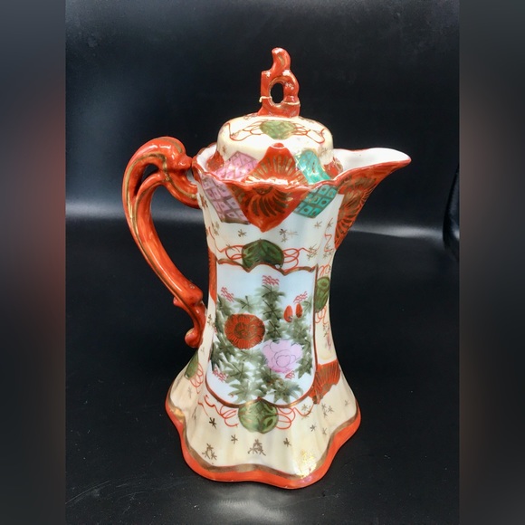 Antique Kutani Hand Painted Asian Floral Japanese CeramicTeapot Signed Meiji - Picture 2 of 9